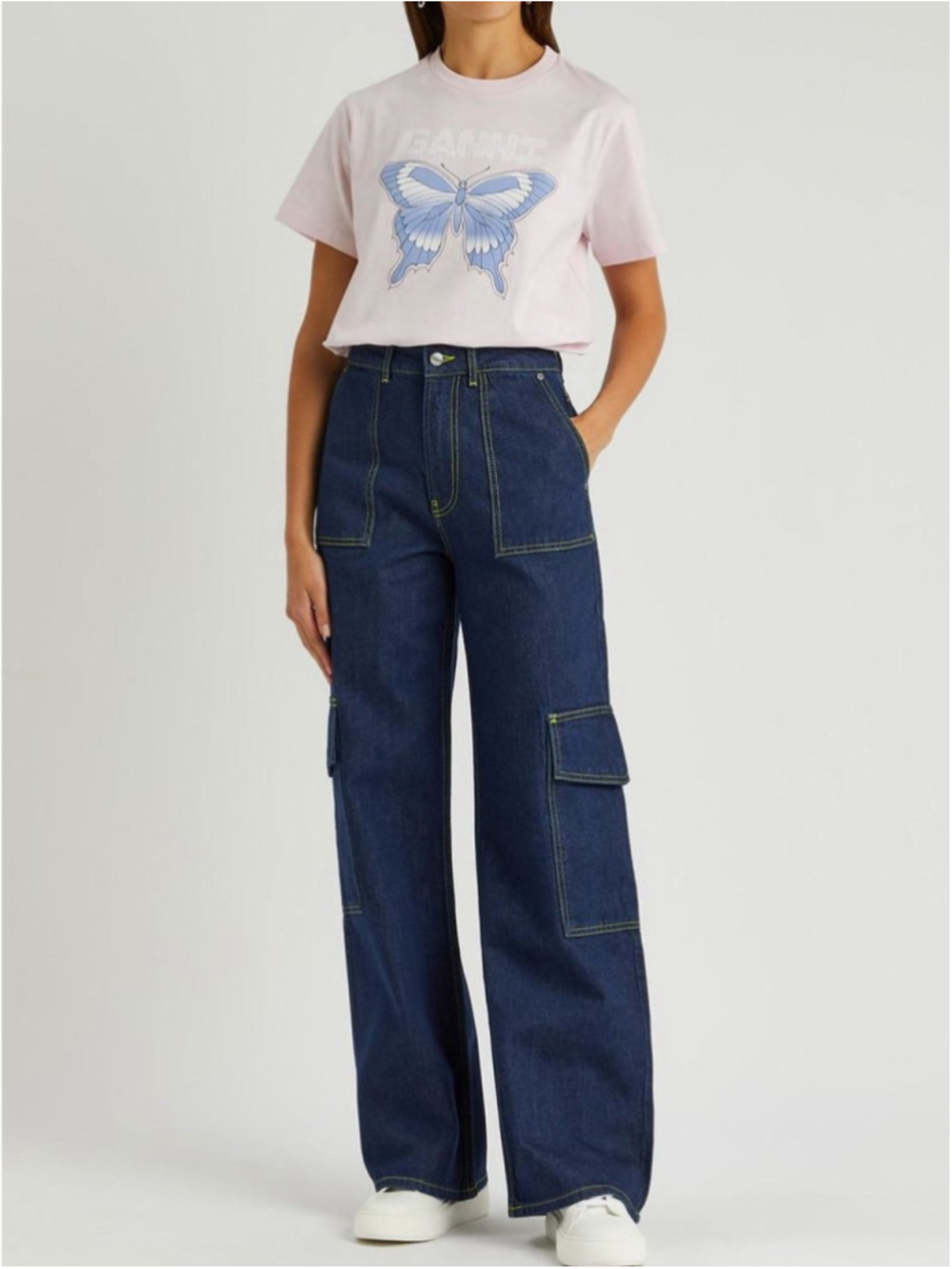 Ganni Angi Wide-Leg Jeans Cargo Pockets Bootcut Size 26 Medium Wash Loose Fit